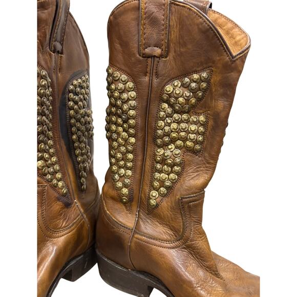 Frye Billy Hammered Stud Cognac Leather Western Cowboy Riding Boot 7.5 7.5 - Picture 3 of 11